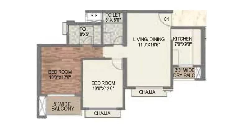 Floor Plan 2 BHK-711 Sq.ft.