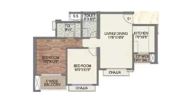 Floor Plan 2 BHK-730 Sq.ft.