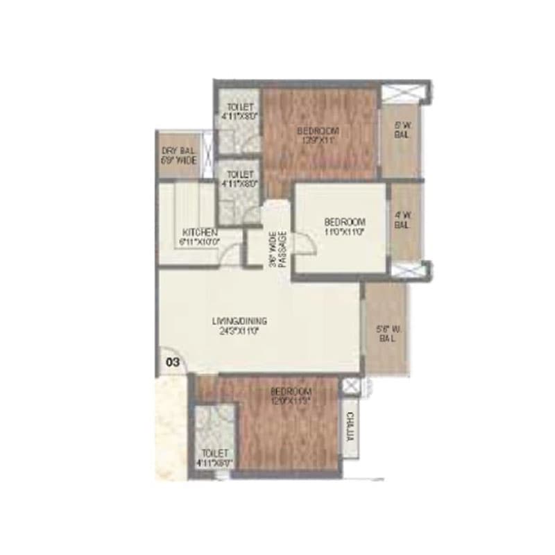 Floor Plan 3 BHK-1194 Sq.ft.