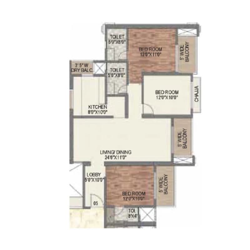 Floor Plan 3 BHK-1313 Sq.ft.